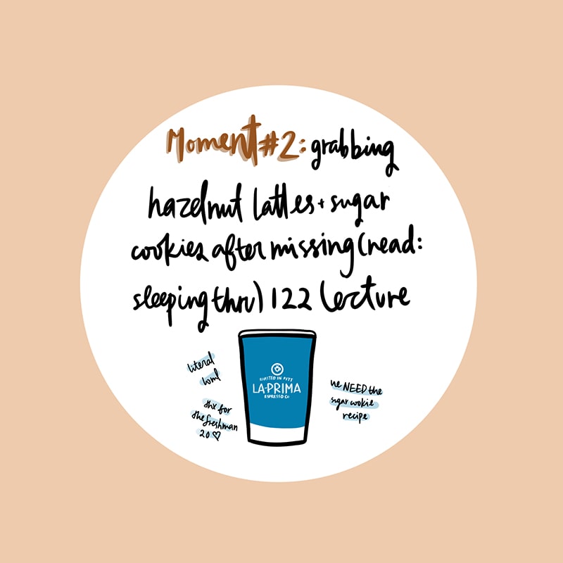 Moment number two: grabbing hazelnut lattes and sugar cookies after missing (read: sleeping through) 122 lecture.
(Around drawing of a La Prima cup): literal love of my life, we need the sugar cookie recipe, thanks for the freshman twenty.